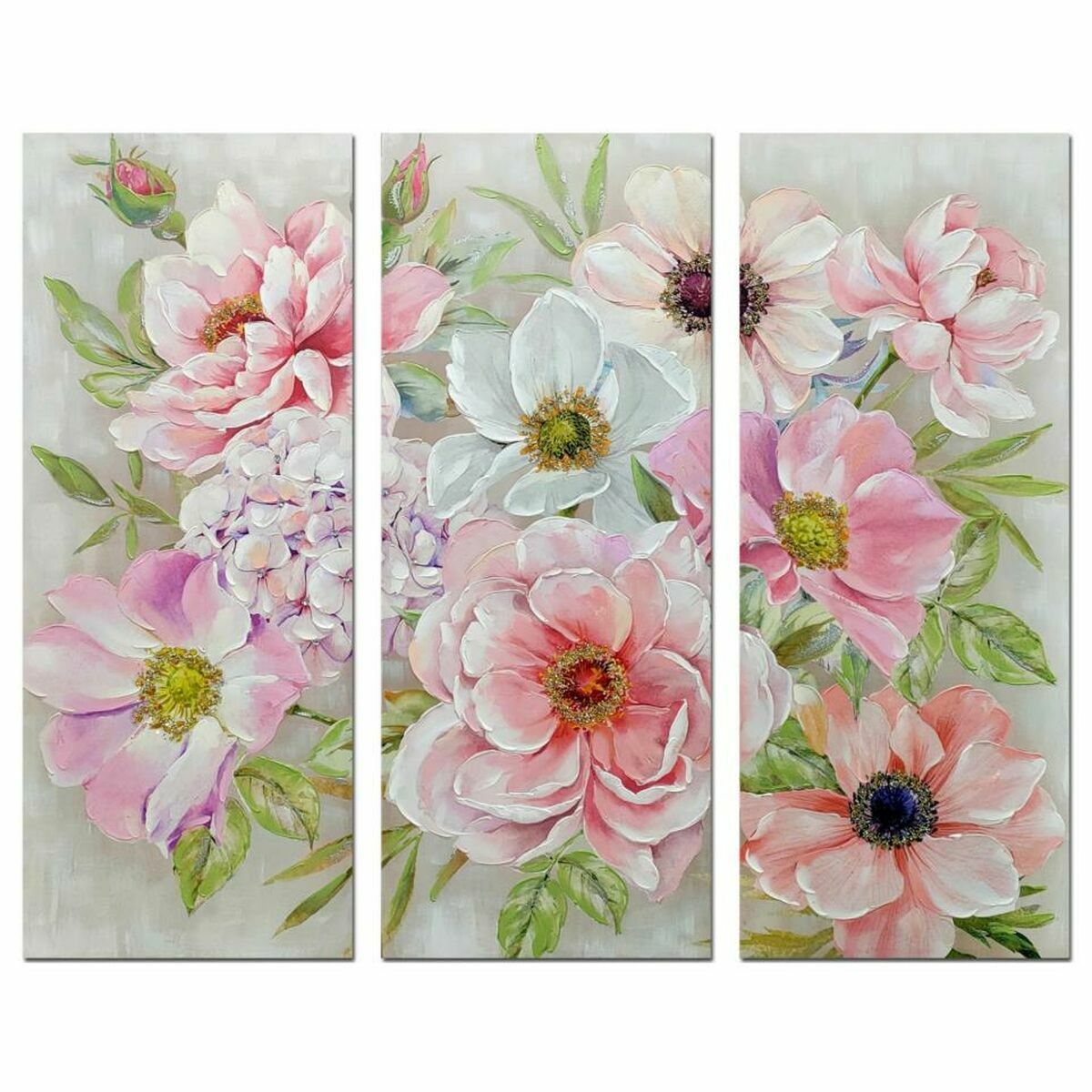 Blommig Shabby Chic Tavla, 60x150 cm, 3-pack - handmålad design i vit, grön och rosa färger.