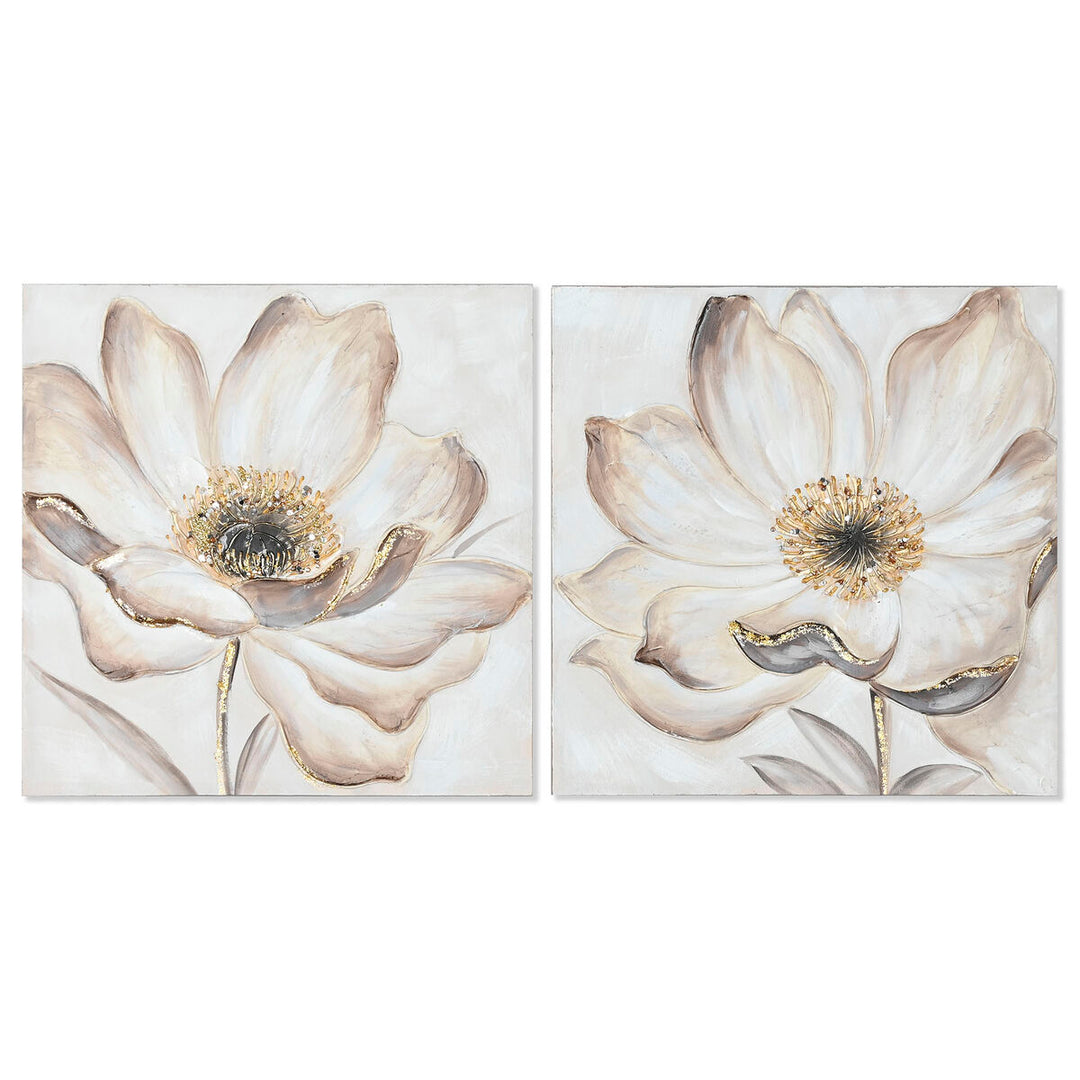 Handmålad Blomsterkanvas i Beige och Guld, 2-pack, 60x60 cm - Romantisk design för hemmets atmosfär.