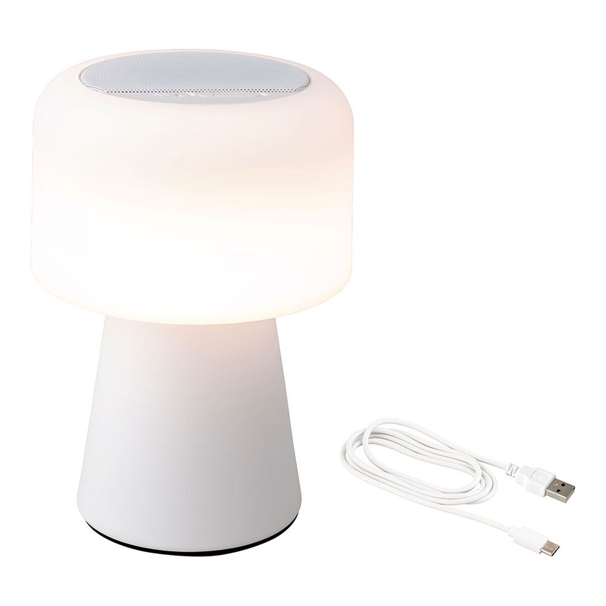 Trådlös LED-lampa med Bluetooth-högtalare i vit finish för mysig belysning och musik.